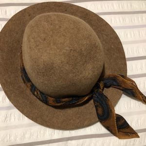 Brown felt hat with vintage paisley scarf